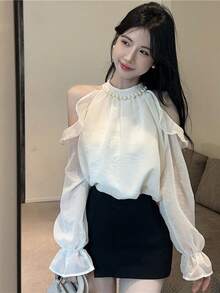 French Style Halter Neck Loose Shoulder Chiffon Blouse For Women, Flattering, Spring/Autumn - Apricot - View 5