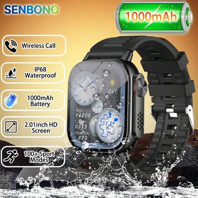  SENBONO 1000mAh电池男士智能手表，配备LED手电筒、指南针、无线通话、2.01英寸高清屏幕、睡眠监测、运动追踪，兼容安卓和iOS系统，是送给家人的最佳礼物。