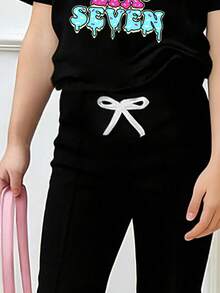 Young Girl Casual Everyday Commute Fashion Street Versatile Donut & Number Letter Print Short Sleeve T-Shirt And Drawstring Waist Flare Pants Set, Spring/Summer/Autumn - Black - View 4