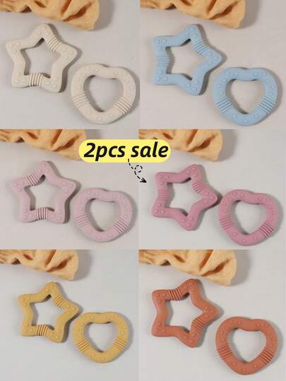 2pcs Baby Silicone Heart & Star Teething Toys, Infant Teether Chew Toys