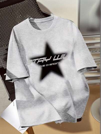 男童休闲圆领短袖T恤，星形印花，夏季学生青少年服装