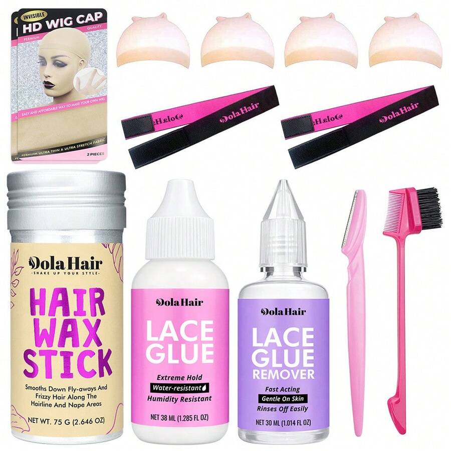 Dolahair Lace Glue Kit For Front Wigs - Invisible Bonding, Waterproof, Super Hold Hair Glue, Wig Cap, Wax Stick, Remover, Melting Bands, Edge Brush, Eyebrow Razor - Wig Kit Set - View 1