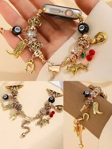 1pc Adjustable Vintage Music Festival Style Leopard Print Cherry 8 Ball Pendant Bracelet, Compatible With Apple Watch 38/40/41/42/44/45/46/49mm SE/Ultra/11/10/9/8/7/6/5/4/3/2/1 Series Women Watch Band Accessory - Gold - View 10