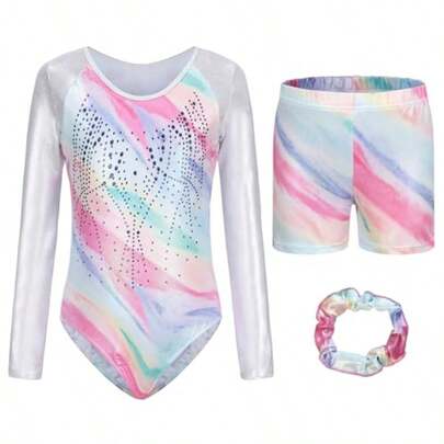 KEOYA Gymnastics Leotards For Girls Sparkle Colorful Leotard Elastic Waist Shorts Hairband Dancing Athletic Gymnastics Suit Activewear For 5-12 Years