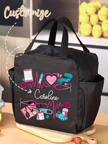Customizable Nurse-Themed Large Capacity Tote Bag - Personalized Name/Text, - Heartbeat And Stethoscope Pattern Design, Insulated Bag, Dual Pocket Lunch Box, Large Capacity, Student Meal Thermal Cooler Bag, Portable Travel Picnic Bag, Work Lunch Box, Office Holiday Lunch Box, Unisex Multifunctional Camping School Lunch Box, Valentine's Day Gift, New Year Gift - Multicolor - View 11