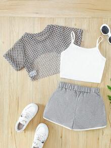 3pcs Tween Girl Brooklyn Letter Print Camisole + Mesh Overlay Top + Shorts Outfit, Summer Outdoor Fashion Set, Suitable For Outdoor, Summer Gift - Grey - View 3