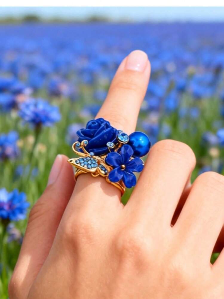 1pc Fashionable Faux Pearl-Embellished Ring With Flower And Butterfly Design, Adjustable Size