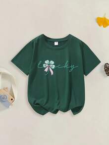 1 Piece Lucky Clover Teen T-Shirt For Girls, Bow "Lucky" Slogan Top, Spring & Summer School Daily Wear - Dark Green - View 2