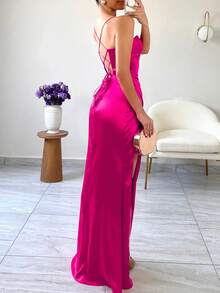 Women's Rose Red Satin Slit Maxi Dress, Perfect For Weddings, Formal Occasions, Christmas, New Year's Eve And More, For Valentine's Day - Hot Pink - View 6