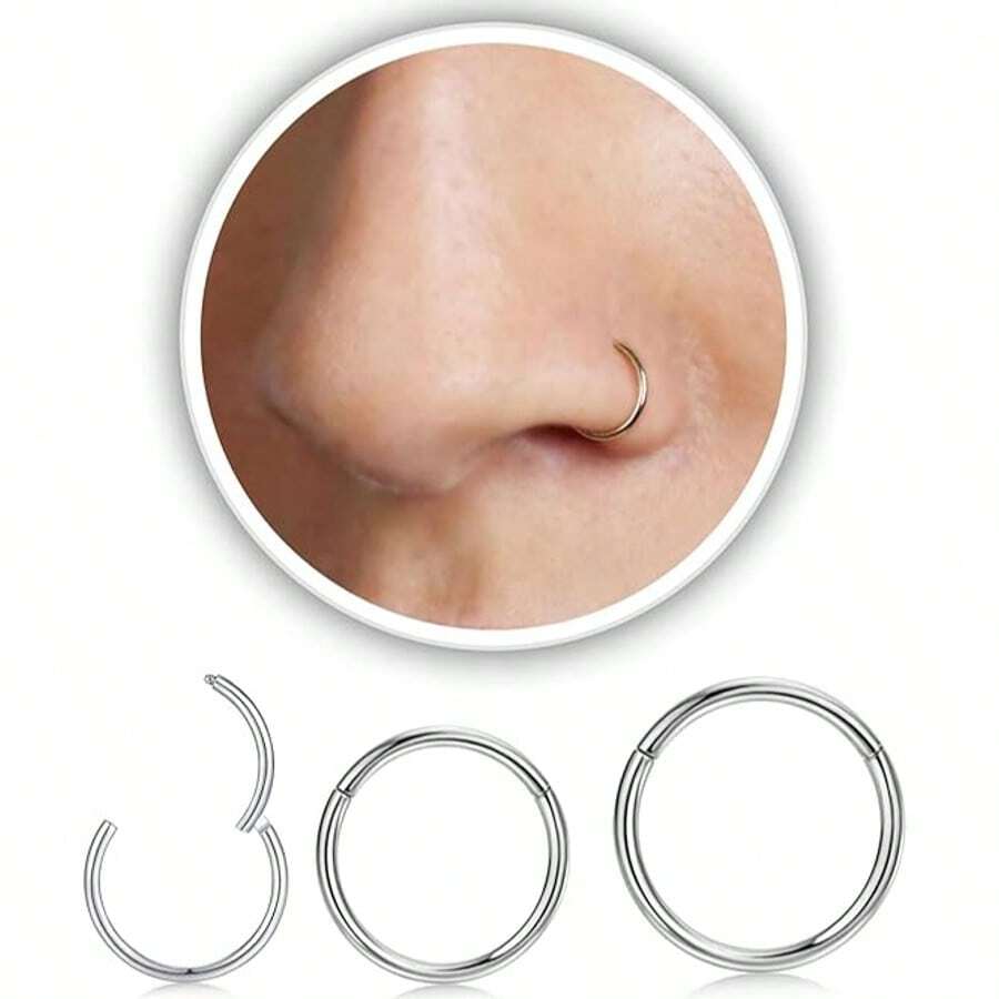 3件套316L医用级不锈钢鼻环，男女通用铰链式鼻中隔环，也适用于唇部、耳骨、肚脐、乳头穿孔，用途广泛，适合日常、派对、音乐节、送礼、海滩度假、节日（春节、情人节、复活节、圣诞节）等场合，尺寸：6毫米/8毫米/10毫米