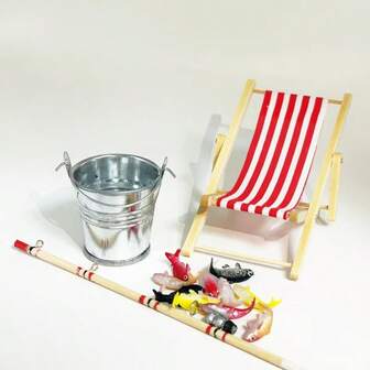 1:12比例沙滩钓鱼套装，完整配置（包含水桶、10条随机颜色鱼、沙滩椅），沙滩钓鱼场景，适用于微缩空间，为娃娃屋增添趣味细节，提升氛围，微缩钓竿模型，适用于微缩房屋装饰工艺品。