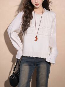 Alicedudu Women's Spring Soft Knit Patchwork Cable Design Pullover Sweater - Beige - View 5