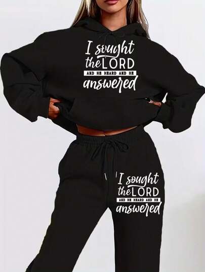 Sought The Lord And He Heard And He Answered Christian Hoodie Set For Women, Black Religious Sweatshirt And Pants Matching Outfit, Faith-Based Comfortable Lounge Wear, Spiritual Bible Verse Sweatsuit For Daily Wear And Prayer Time