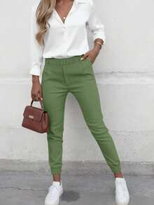 Pantalones de unicolor con cordón, de uso versátil y casual - Verde - Ver 1