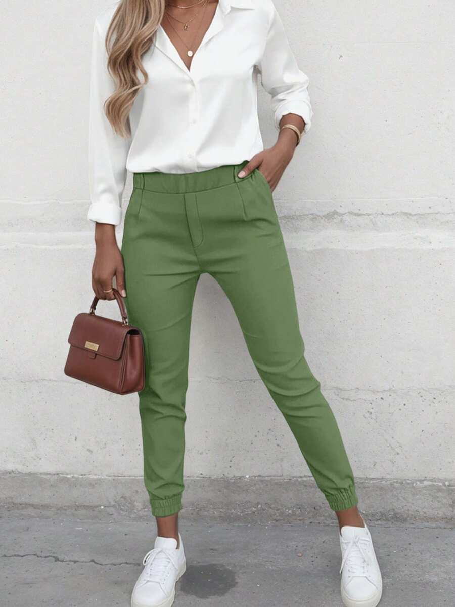 Pantalones de unicolor con cordón, de uso versátil y casual - Verde - Ver 1