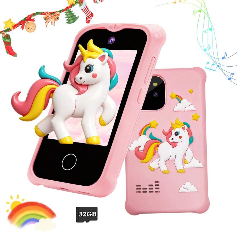 适合3-9岁男孩的2.8英寸触摸屏智能手机玩具，带双摄像头、游戏和MP3播放器，圣诞节/生日礼物 - 彩色 - 查看 1