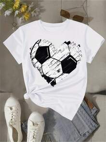 [Sporty T-Shirt]Women'S Soccer Heart Graphic T-Shirt - Black & White Football Design, Casual Crew Neck Tee, Comfortable All-Season Wear, Perfect For Sports Fans And Casual Attire, Soccer |   Relaxed Fit |   Plus Size - 白色 - 查看 3