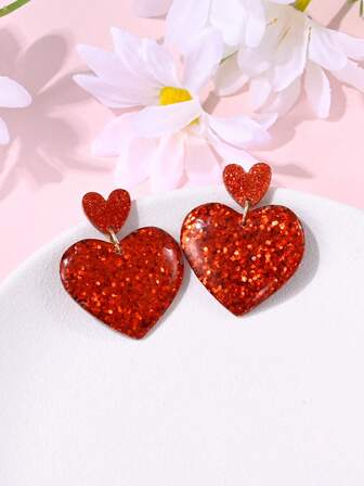  1 Pair Vintage Glitter Heart & Star Resin Earrings, Elegant Jewelry Accessories Suitable For Women's Daily, Date, Party Occasions