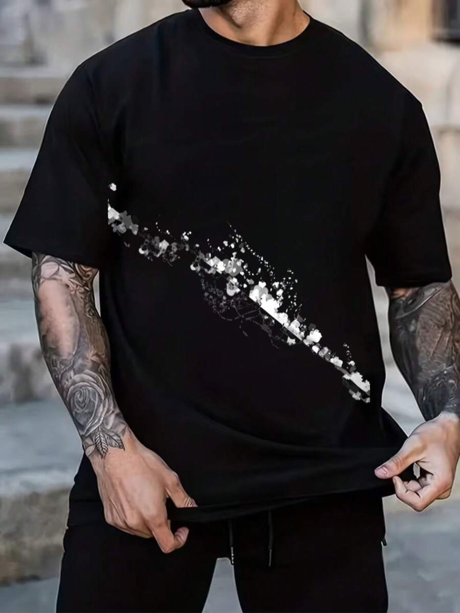 Item: White Short-Sleeved T-Shirt With Abstract Ink Pattern - Black - View 1