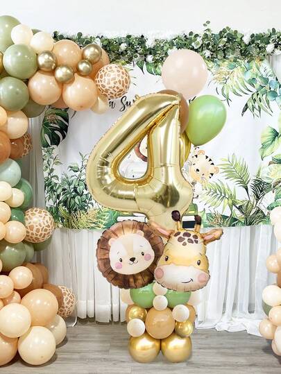 25pcs/Set Jungle Wild Animal Birthday Party Decorations, Cute Wild Animal Birthday Balloon Set, Includes Lion, Giraffe Animal Head Foil Balloons, Retro Green & Brown Latex Balloons, 40inch Light Gold Number Balloons, Suitable For Birthday Party Decor, First Birthday, Christening, Jungle Party, Ceremony, Baby Shower, Carnival Birthday, Wild Forest Zoo Themed Party Decorations, Home Decor Balloons, 1-9 Years Old Birthday Decor