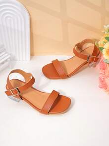 1 Pair Girls' Solid Tan Faux Leather Adjustable Double Strap Low-Heel Dress Sandals For Summer Outings - Brown - View 8