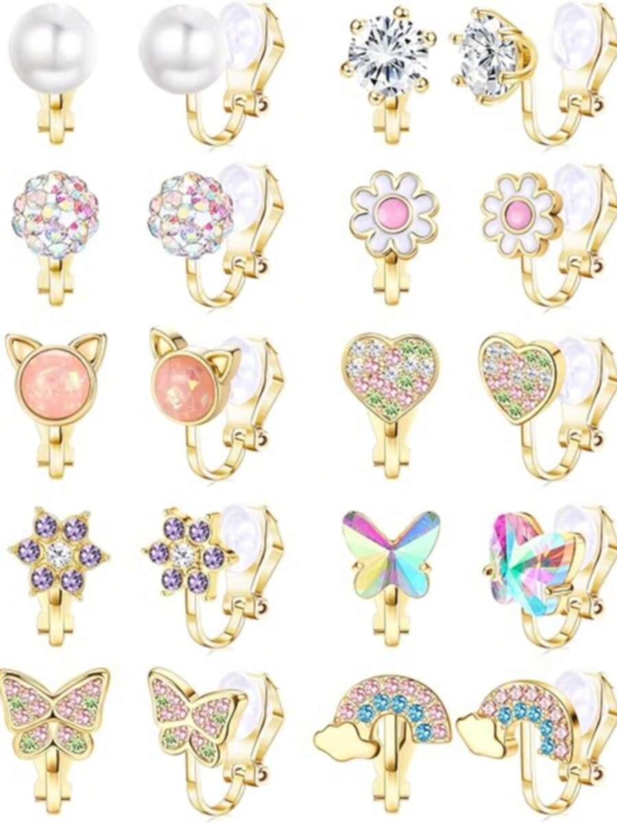 Women's Comfortable No-Piercing Pearl Twisted Heart Flower Butterfly Clip-On Earrings Set, Gold Clip-On Stud Earrings, Hypoallergenic - 10 Pairs Of Clip-on Earrings Set - View 1