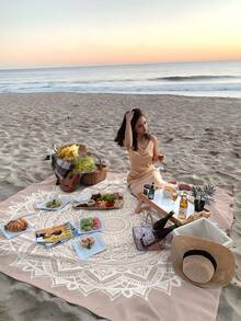 1件装新款户外防水防沙数码印花野餐垫/沙滩巾，时尚清新图案，适合户外露营和野餐 - 彩色 - 查看 2