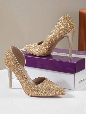 حذاء كعب عالي أنيق رفيع الكعب بتصميم لامع مفرغ مطلي بالكهرباء، مناسب للسهرات والمناسبات، مناسب لجميع الفصول