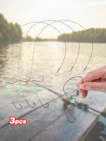 GOTURE 3pcs Anti Entanglement Live Bait Double Hook Fishing Line - Made Of Stainless Steel Wire And Luminous Beads, Wear-Resistant And Tear Resistant, Suitable For Seawater And Freshwater