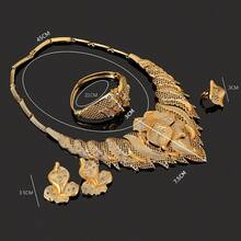 夏季西部风情黄金首饰四件套时尚18K镀金首饰套装，迪拜非洲风情项链耳环戒指婚礼新娘首饰套装，女士 - 項鍊+戒指+手鐲+耳環 - 查看 5