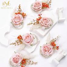 Meldel Pink Velvet Rose Wrist Corsage, Set Of 6, Wedding Bridal Flower Corsage Hand Decor For Prom Party Homecoming, Wristband Flowers Bride, Bridesmaid, Mother Of The Bride Corsage,6pcsPinkWristCorsages - 6個粉紅色手腕花 - 查看 8