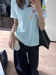 学生夏季特色印花短袖T恤，复古美式风格女式休闲度假上衣 - 淺 藍色 - 查看 3