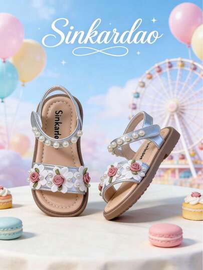 1 Pair Fashion Silver Flat Sandals For Toddler Girls, Summer Floral Pearl Design Princess Style Casual Sandals, Suitable For Daily Wear, Birthday Party