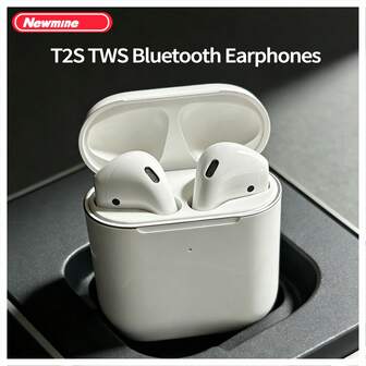 Newmine سماعة بلوتوث T2S عمر بطارية طويل للغاية صوت في الوقت الفعلي شريحة بلوتوث V5.3 لا يوجد إحساس بالتأخير فيلم مركب من التيتانيوم التحكم باللمس واجهة إضاءة عالمية من Apple Android أبيض