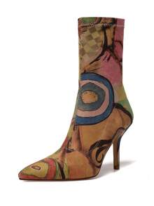 vivianly All Over Print Stiletto Ankle Boots For Women - Pointed Toe, Elastic Side Zip, Spring Fashion Unique Stretch Fabric With Print-Elegant Sexy Style For Commuting High Heels Boots, Suitable For All Seasons Boots,Wedding Valentine's Day, Music Festival Party & Sexy Night Shoes Random (Each Pair May Vary For Surprise) - 不規則-B - 查看 12