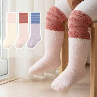 3 paires de chaussettes hautes épaisses et chaudes à blocs de couleurs pour bébé/tout-petit, automne/hiver