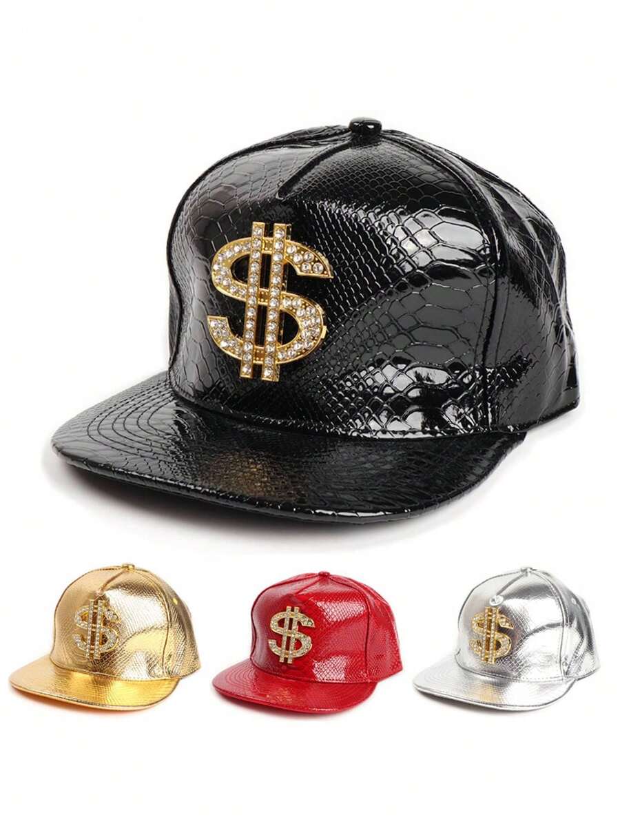 قبعة جلد PU كاجوال مرقعة لحفلات الشوارع، قبعة هيب هوب كورية بشعار الدولار الذهبي للاستخدام على مدار السنة، قبعة سائق الشاحنة، قبعة رقص الشوارع بحافة مسطحة، قبعة بيسبول