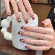 A Box Of 24 Pieces, Wearing Armor, French Wedding Nail, Red Burst Flash Diamond, Advanced Sense Manicure, Medium And Long Ladder, White Armor Patch. - 紅色 - 查看 3