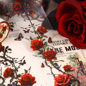 50 มม.*2 ม. เทปวาชิประดับลายกุหลาบมีหนามสไตล์วินเทจ, ลายดอกไม้, ผีเสื้อ, ไดอารี่, สมุดภาพ, งานฝีมือ, สติกเกอร์น่ารัก, เทปกันน้ำ DIY อเนกประสงค์, เครื่องเขียน