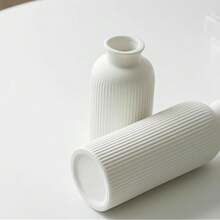 Modern Ceramic Vase Set, White Ribbed Matte Design, 3-Piece Decorative Vases For Home, Living Room, Office (White) - 白色 - 查看 7