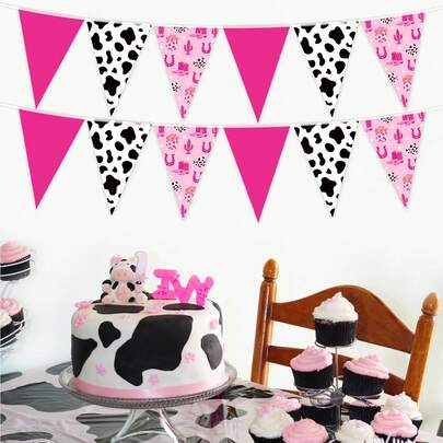 12件套粉色西部牛仔主题生日派对装饰挂件，纸质三角旗，奶牛图案，适用于毕业、生日、单身派对、订婚、婚礼、新娘送礼会、周年纪念派对等场合。