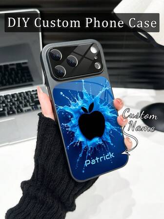 1 pieza Funda de teléfono personalizada con nombre, patrón único de salpicaduras de manzana negro, lujosa moda con gran ventana de vidrio templado con protección de lente, mate anti-caída, funda de teléfono compatible con iPhone 17/17Pro/17ProMax/17Air/16/16Pro/16ProMax/16Plus/15/15Plus/15Pro/15ProMax/14/14Plus/14Pro/14ProMax/13/13Pro/13ProMax/12/11 Accesorios de teléfono Cubierta protectora de alta gama de cobertura completa