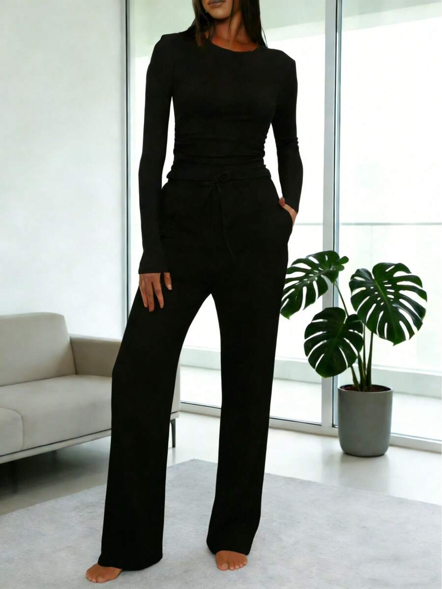 Women's Casual Clothing Solid Color Two-Piece Women's Casual Waist Pleated Long-Sleeved Top With Trousers Suit - 黑色 - 查看 1