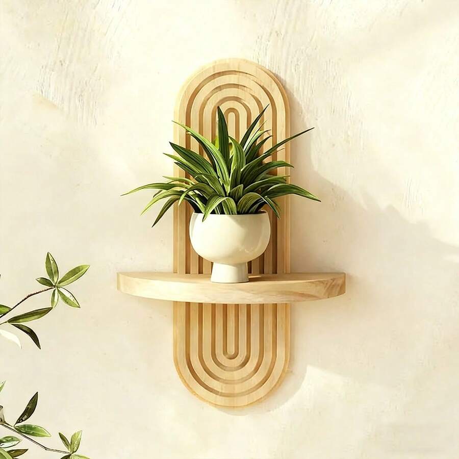 1 Bohemian Floating Shelf, Practical Style, Wall-Mounted Storage Display, Resin Material; Rainbow Candle Holder, Wave Design, Natural Aesthetics, Multi-Scenario Home Decoration - Apricot - View 1