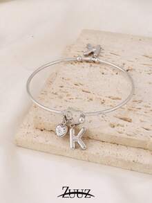 1件装不锈钢手镯，配心形水钻A-Z字母吊坠，适合女孩和女性佩戴 - 手鐲 . - 查看 7