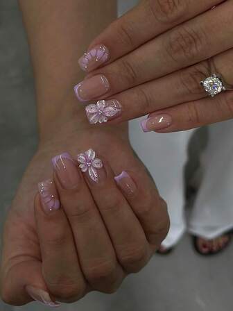 24片短方形假指甲，紫色法式3D花卉美甲，可爱铬合金亚克力材质，按压式凝胶美甲套装（包含：果冻凝胶和指甲锉），适合女性日常约会和派对。