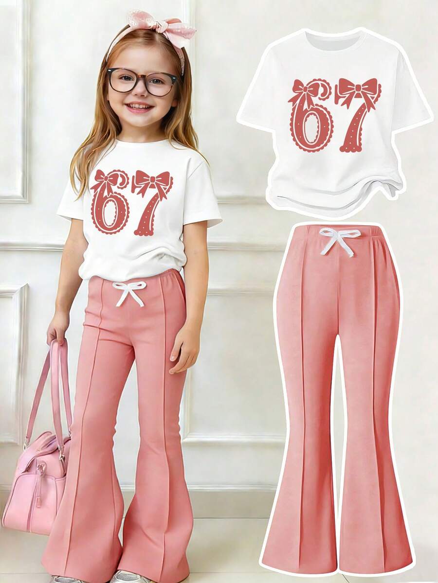Toddler Girls' Number Print Round Neck Short Sleeve Top And Flare Pants Set - White - View 1