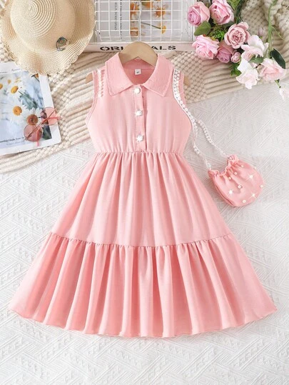 4-7 år gamla flickor pärldekorerad krage ärmlös klänning med volangkant väska, elegant modeklänning för små flickor