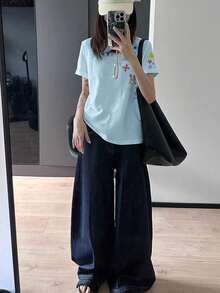 学生夏季特色印花短袖T恤，复古美式风格女式休闲度假上衣 - 淺 藍色 - 查看 2