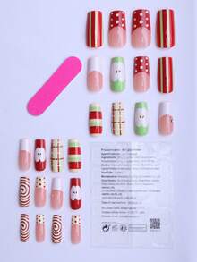 24片装方形亚克力美甲贴纸礼盒套装，包含红苹果、白色法式尖角、红绿格子和红色罗纹图案。独特、甜美、时尚又可爱，是节日礼物或日常佩戴的完美之选，适合女孩和女士。套装包含1瓶果冻胶和1把指甲锉。美甲用品 - 彩色 - 查看 3